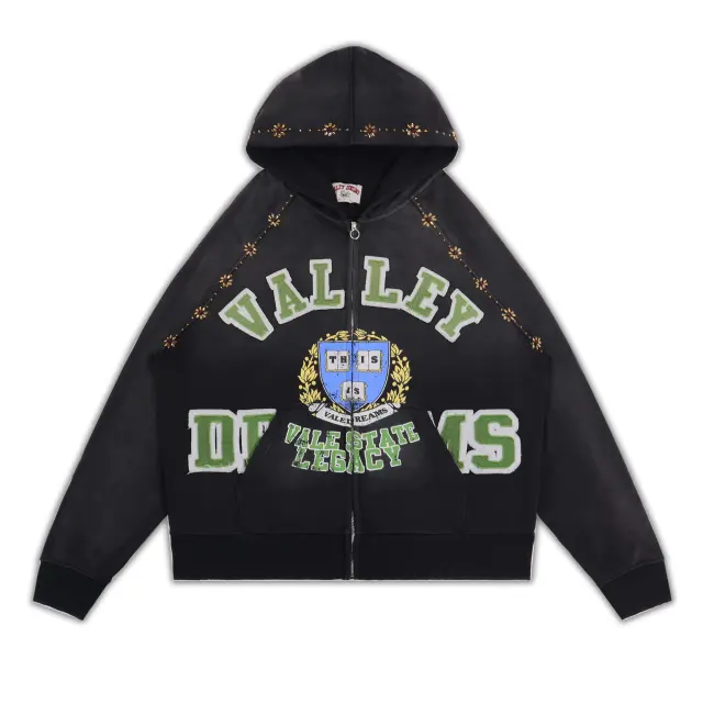 Vale Valley Collegiate Rhinestone Embroidered Washed Zip-Up Hoodie