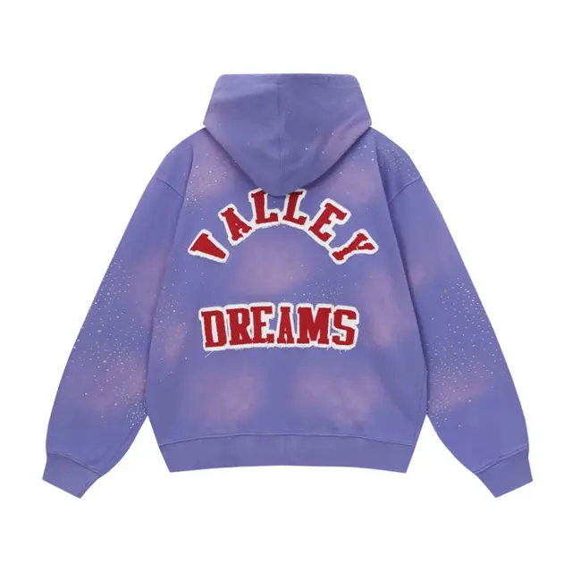 Vale Valley Letter Embroidered Rhinestone Cotton Zip-Up Hoodie