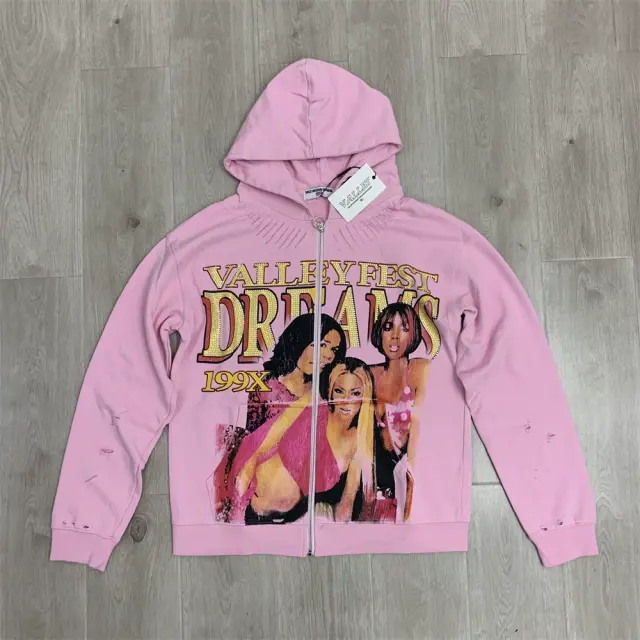 Vale Dream Valley Pink Rhinestone Distressed Zip-Up Hoodie