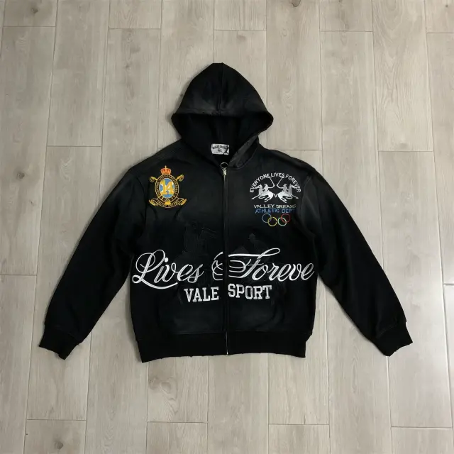 Vale Forever Vintage Distressed Embroidered Logo Zip-Up Hoodie