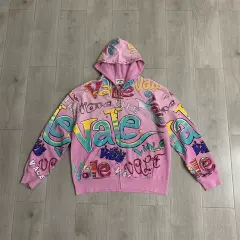 Vale Valley Allover Graffiti Rhinestone Distressed Zip-Up Hoodie