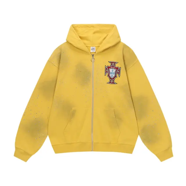 Vale Valley Letter Embroidered Rhinestone Cotton Zip-Up Hoodie