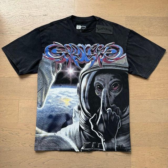 Godspeed Global Space Alien Astronaut Shush Gesture Graphic Tee | Black Vintage Oversized Fit