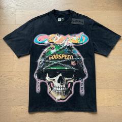 Godspeed Global Skull Soldier Military Helmet Chains Graphic Tee | Black Vintage Oversized Fit