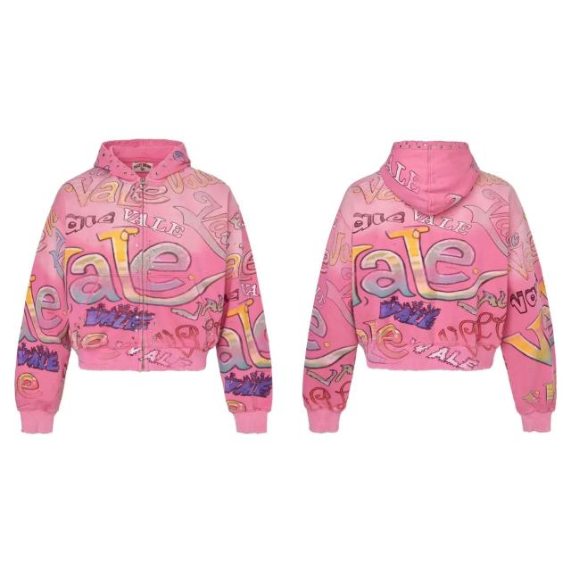 Vale Forever Pink AOP Zip‑Up Hoodie | Rhinestone Hood Cropped Fit