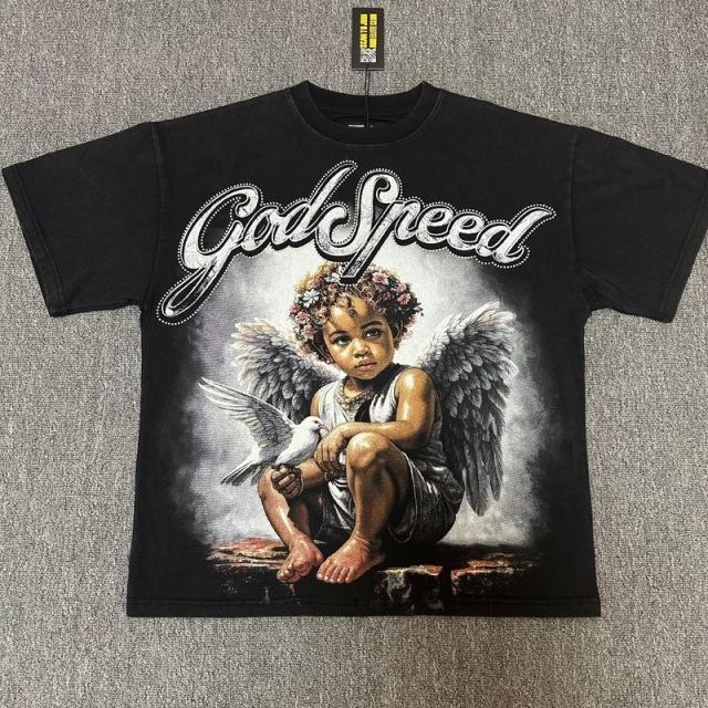 Godspeed Global Cherub Angel Peace Dove Graphic Tee | Black Vintage Oversized Fit