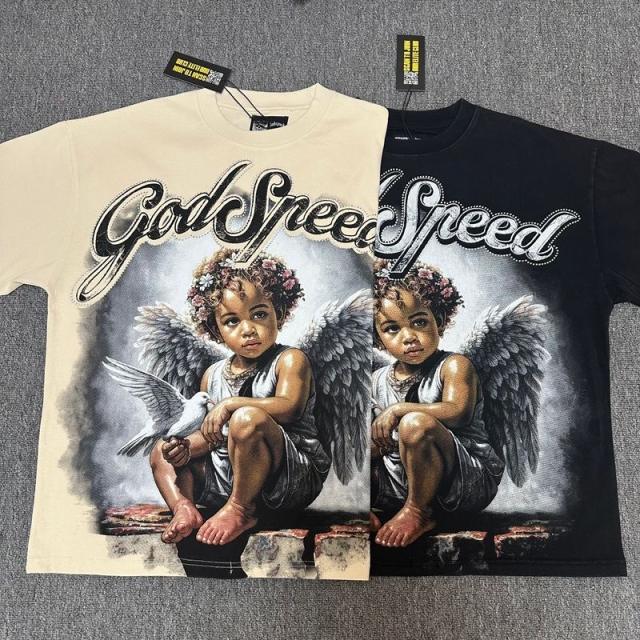 Godspeed Global Cherub Angel Peace Dove Graphic Tee | Black Vintage Oversized Fit