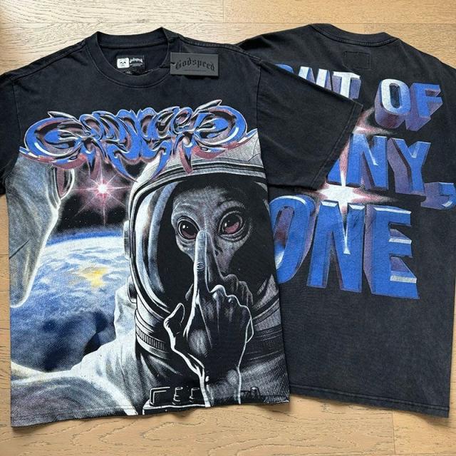 Godspeed Global Space Alien Astronaut Shush Gesture Graphic Tee | Black Vintage Oversized Fit