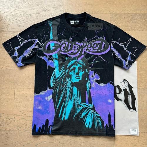 Godspeed Global Statue of Liberty Purple Lightning AOP Graphic Tee | Black Vintage Oversized Fit