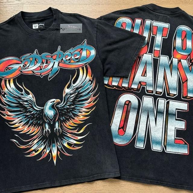 Godspeed Global Spread Wings Eagle Flame Graphic Tee | Black Vintage Oversized Fit