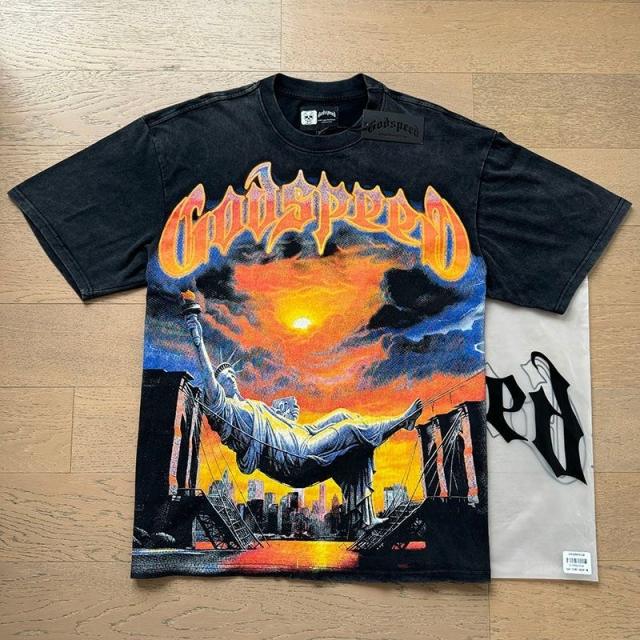Godspeed Global Statue of Liberty Brooklyn Bridge NYC Sunset Graphic Tee | Black Vintage Oversized Fit