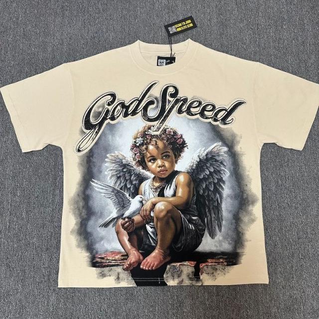 Godspeed Global Cherub Angel Peace Dove Graphic Tee | Black Vintage Oversized Fit