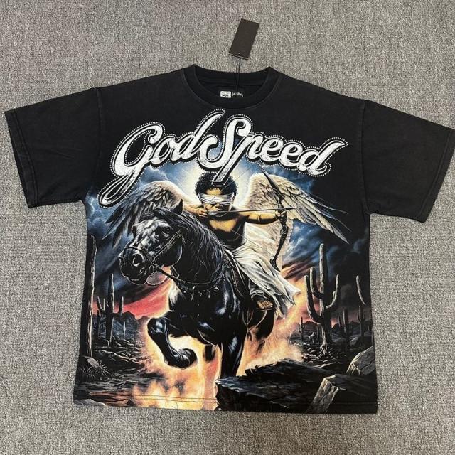 Godspeed Global Angel Riding Black Horse Graphic Tee | Black Vintage Oversized Fit