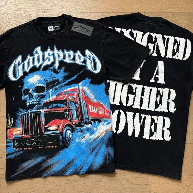 Godspeed Global Red Semi Truck Night Highway Skull Graphic Tee | Black Vintage Oversized Fit
