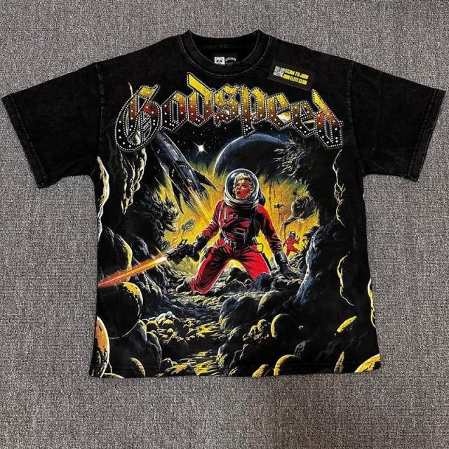 Godspeed Global Space Warrior Sci‑Fi Graphic Tee | Black Vintage Oversized Fit