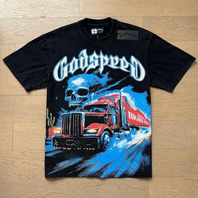 Godspeed Global Red Semi Truck Night Highway Skull Graphic Tee | Black Vintage Oversized Fit