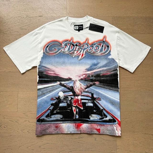 Godspeed Global Red Convertible Car Sunset Highway Graphic Tee | White Vintage Oversized Fit