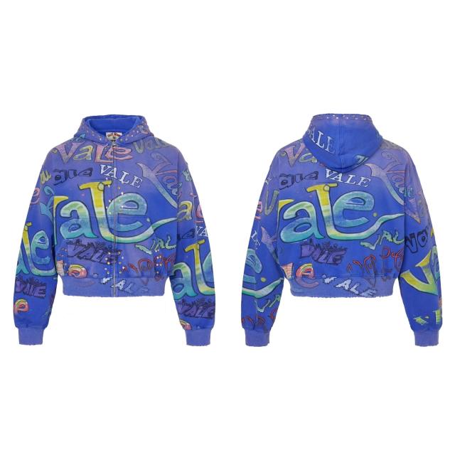 Vale Forever Blue AOP Zip‑Up Hoodie | Rhinestone Hood Cropped Fit