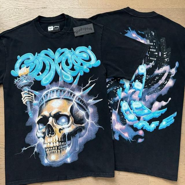 Godspeed Global Liberty Skull Lightning Torch Graphic Tee | Black Vintage Oversized Fit