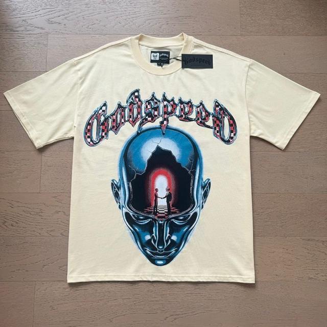 Godspeed Global Surreal Cracked Metal Head Checkerboard Graphic Tee | Cream Vintage Oversized Fit