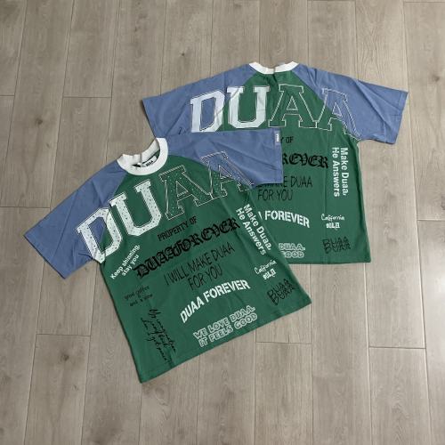DUAA Multi‑Slogan Raglan Tee | Green Blue Color‑Block