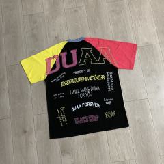 DUAA Multi‑Slogan Color‑Block Raglan Tee | Black Multi‑Tone Sleeves