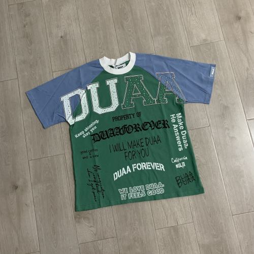 DUAA Multi‑Slogan Raglan Tee | Green Blue Color‑Block