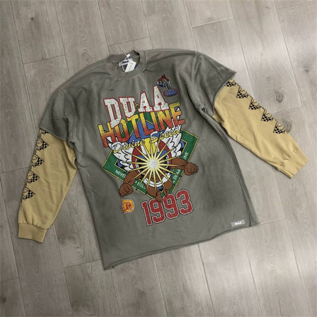 DUAA Vintage Streetwear Rhinestone Graphic Layered Long Sleeve Tee