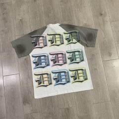 DUAA Multi‑Gradient Gothic Letter Raglan Tee | Vintage Washed Grey White