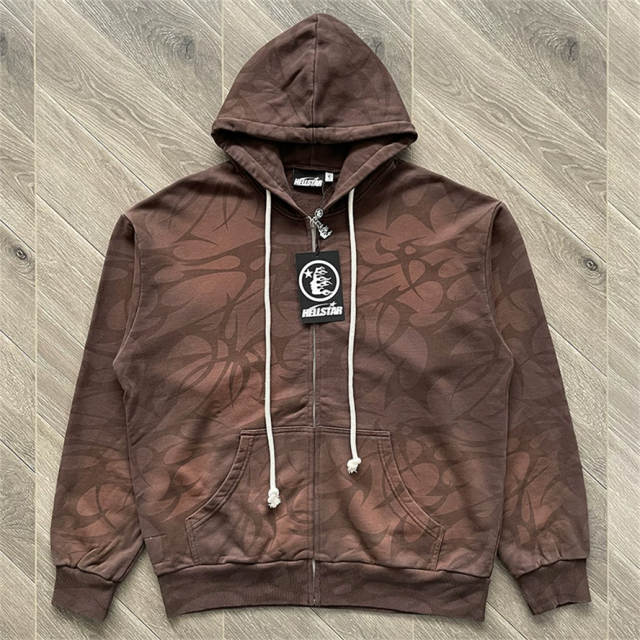 High Quality Hellstar Allover Tribal Print Brown Zip-Up Hoodie and Shorts Set