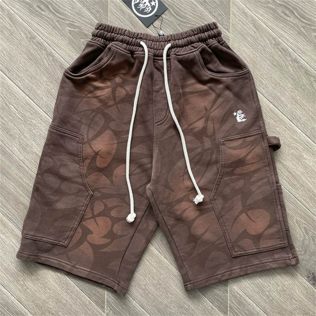 High Quality Hellstar Allover Tribal Print Brown Zip-Up Hoodie and Shorts Set