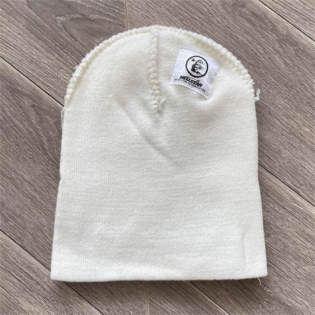 Hellstar Flame Logo Print White Knit Beanie