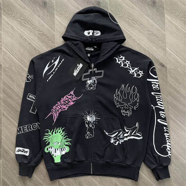 High Quality Hellstar Multi-Graphic Vintage Black Zip-Up Hoodie Sweatshirt and Pants Set