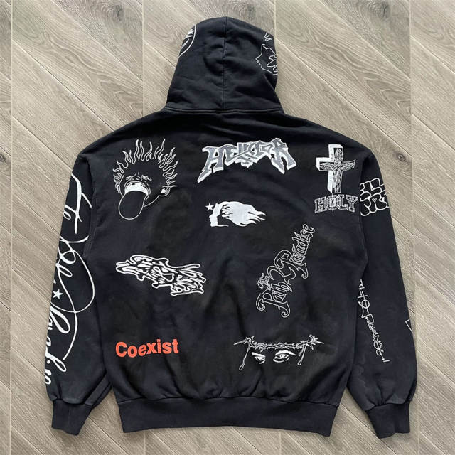 High Quality Hellstar Multi-Graphic Vintage Black Zip-Up Hoodie Sweatshirt and Pants Set