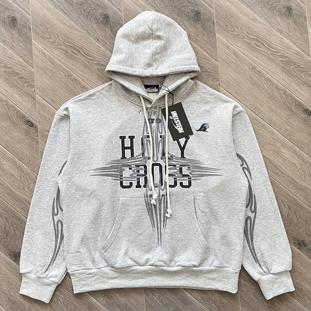 High Quality Hellstar Holy Cross Grey Pullover Hoodie and Pants Set