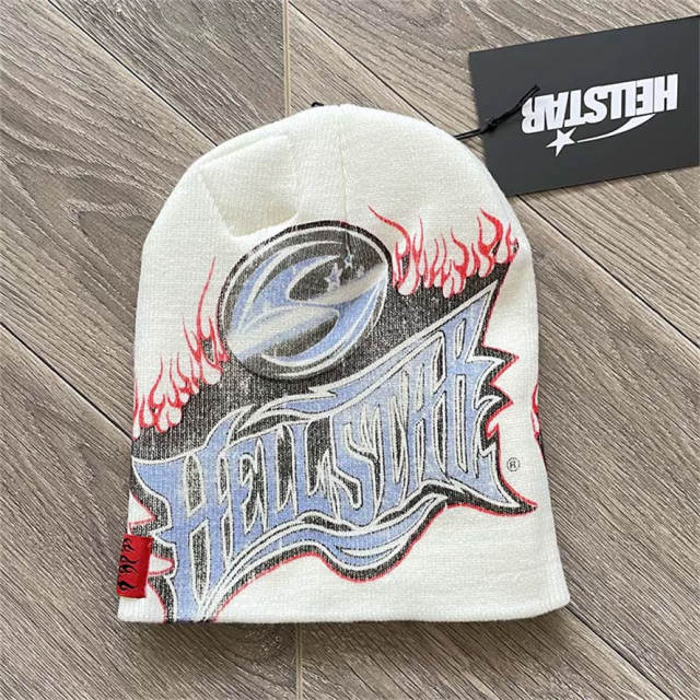 Hellstar Flame Logo Print White Knit Beanie