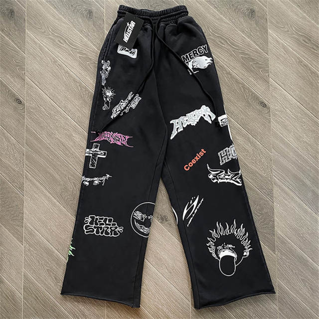 High Quality Hellstar Multi-Graphic Vintage Black Zip-Up Hoodie Sweatshirt and Pants Set