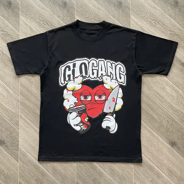 Glo Gang Heart Knife Cartoon Graphic Black T-Shirt
