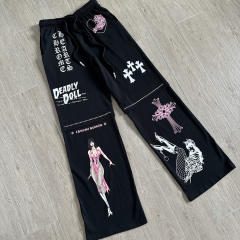 1:1 quality version Cross Cartoon Girl Slogan Print Drawstring Wide Leg Sweat Pants for girls 29456654