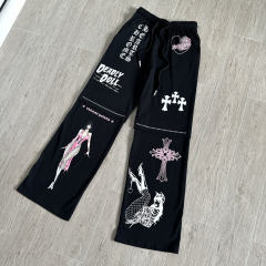 1:1 quality version Cross Cartoon Girl Slogan Print Drawstring Wide Leg Sweat Pants for girls 29456654
