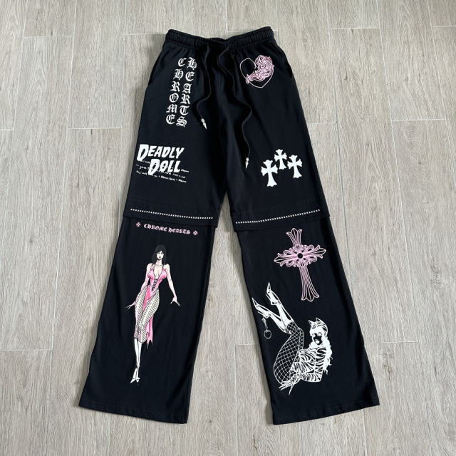 1:1 quality version Cross Cartoon Girl Slogan Print Drawstring Wide Leg Sweat Pants for girls 29456654