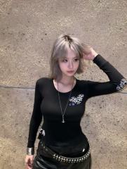 1:1 quality version Blue Horseshoe Ring Script Letter Surrounded Waffle Knit Long Sleeve Tee for girls 2 colors 29426191