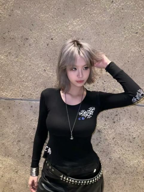 1:1 quality version Blue Horseshoe Ring Script Letter Surrounded Waffle Knit Long Sleeve Tee for girls 2 colors 29426191