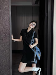 1:1 quality version Y2K Street Cross Gothic Letter Embroidery Ribbed Slim Fit Polo Dress 2 colors 29380249