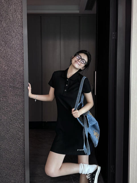 1:1 quality version Y2K Street Cross Gothic Letter Embroidery Ribbed Slim Fit Polo Dress 2 colors 29380249