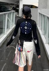 1:1 quality version Blue Horseshoe Ring Script Letter Surrounded Waffle Knit Long Sleeve Tee for girls 2 colors 29426191