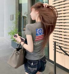 1:1 quality version Horseshoe USA Flag Neck Print Tee 2 colors for girls 29306369