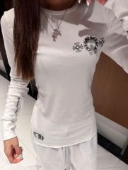 1:1 quality version Horseshoe‑Ring Cross‑Flower‑Slogan‑Prin Waffle Knit Long Sleeve Tee for girls 2 colors 29426217