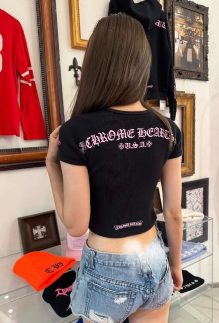 1:1 quality version Chest Scroll Arc Pink Gothic Letter Print Waffle Knit Cropped Tee for girls 29426256