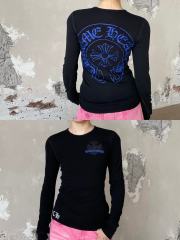1:1 quality version Blue Horseshoe‑Ring Cross‑Flower‑Print Waffle‑Knit Fitted Long Sleeve Tee for girls 29426214